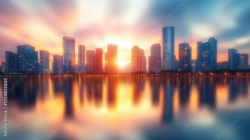 Fototapeta premium An artistic representation of blurred city buildings with water reflections at sunset, creating a serene and picturesque urban landscape.