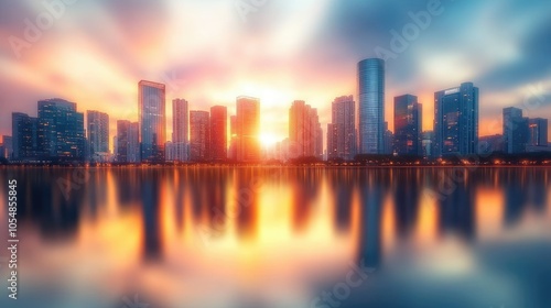 An artistic representation of blurred city buildings with water reflections at sunset, creating a serene and picturesque urban landscape.