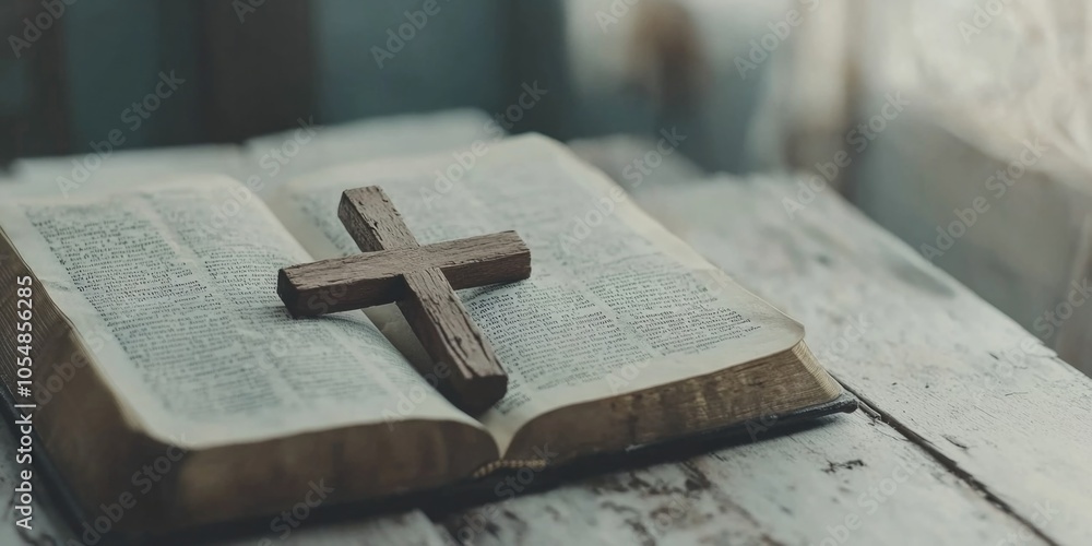 Old wooden cross on the Bible. Selective focus. Church. Old wooden cross on the Bible. Selective focus. Church.