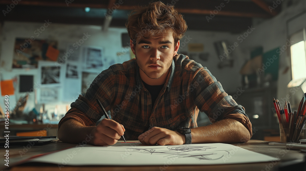 Young Male Designer Working on Creative Sketch in Art Studio Young Male Designer Working on Creative Sketch in Art Studio