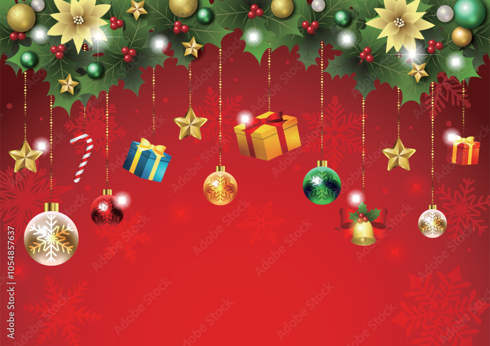 クリスマス背景、イラスト、かわいい、赤、ドロップオーナメント、柊 クリスマス背景、イラスト、かわいい、赤、ドロップオーナメント、柊