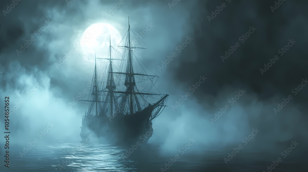 Mysterious ship emerging from foggy sea at night. Ghost Ship. Illustration Mysterious ship emerging from foggy sea at night. Ghost Ship. Illustration