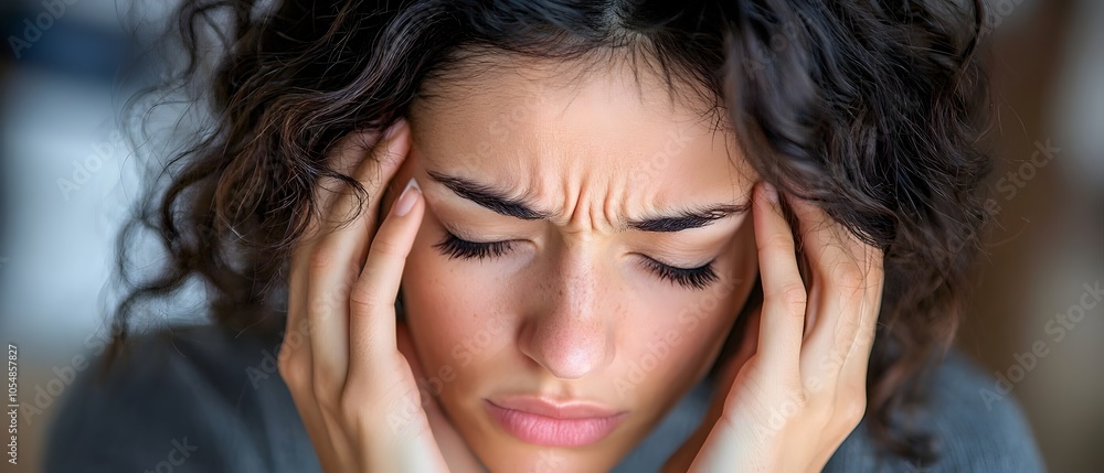 Obraz premium Close up Portrait of a Young Distressed Female Leaning Forward with Head in Hands Expressing Symptoms of Anxiety Headache and Mental Fatigue