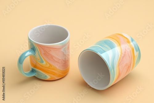 A sublimation mug mockup with a glossy finish, displayed at an angle to show off the entire surface, perfect for custom artwork. photo