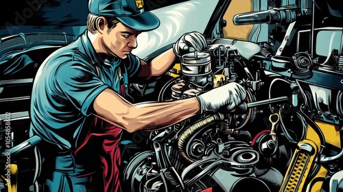 Motor engine repair cartoon, showing a mechanic working with tools, colorful and detailed vector photo