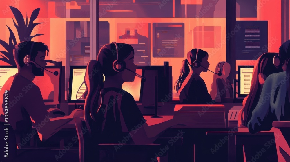 Office operators with headsets, illustrated in a vector style, multiple characters seated at desks, engaging with clients Office operators with headsets, illustrated in a vector style, multiple characters seated at desks, engaging with clients