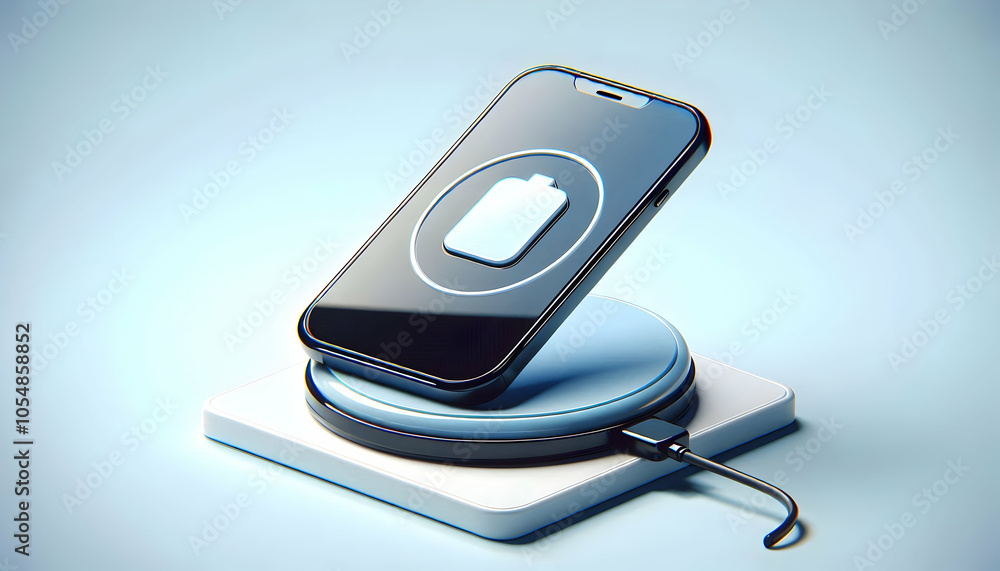 3D Glossy Smartphone Charging on Wireless Pad with Ample Copy Space, Focus on Modern Remote Work Convenience and Elevated Comfort in Minimalist Desk Setup, Isolated on White Background 3D Glossy Smartphone Charging on Wireless Pad with Ample Copy Space, Focus on Modern Remote Work Convenience and Elevated Comfort in Minimalist Desk Setup, Isolated on White Background