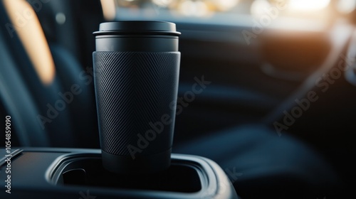 A travel mug mockup with a matte black finish, placed in a car cup holder to appeal to frequent travelers and commuters. photo