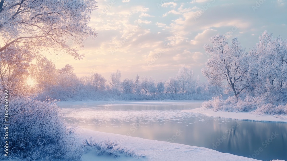 A picturesque wintry scene with snow-laden trees and a still lake, pastel colors in the sky, with space for a message. A picturesque wintry scene with snow-laden trees and a still lake, pastel colors in the sky, with space for a message.