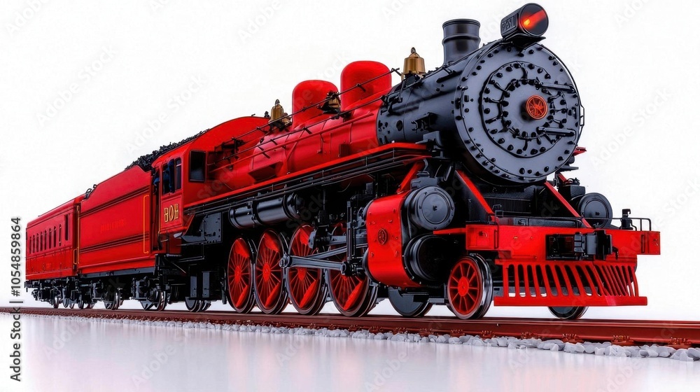 Naklejka premium A photostock of an old-fashioned steam locomotive on a white background, detailed and vintage.