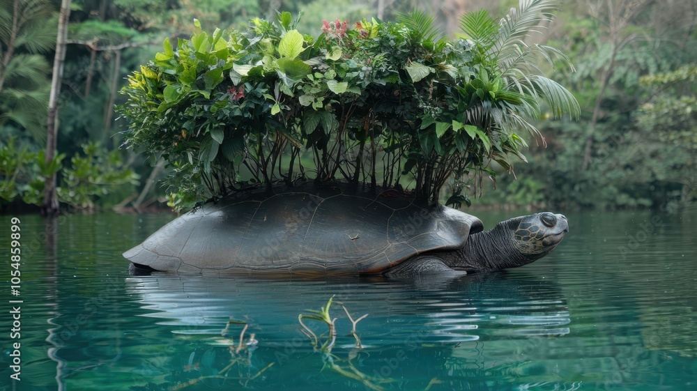 Fototapeta premium Top View of Turtle with Plant Nest on Shell