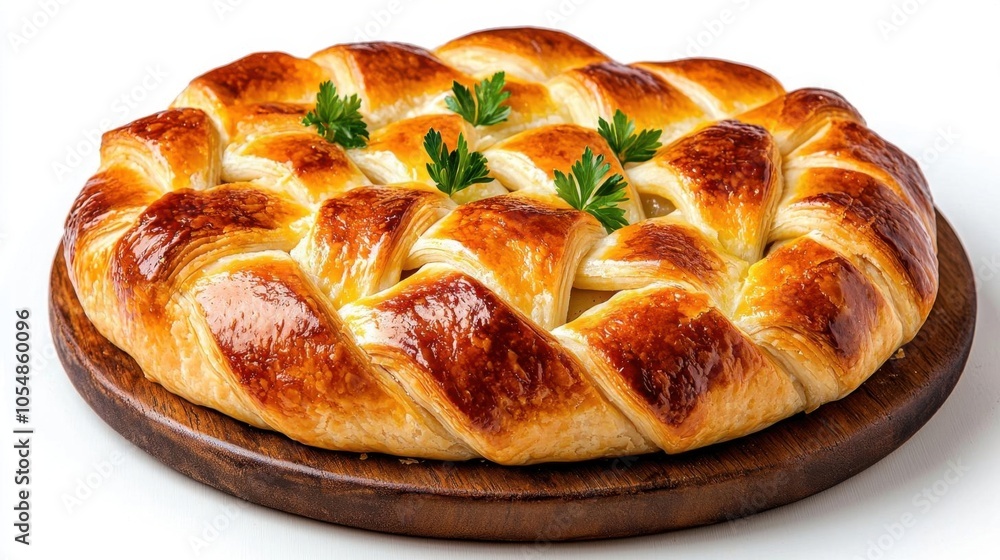 A photostock of baked pie with a golden crust on a white background, homemade and rustic. A photostock of baked pie with a golden crust on a white background, homemade and rustic.