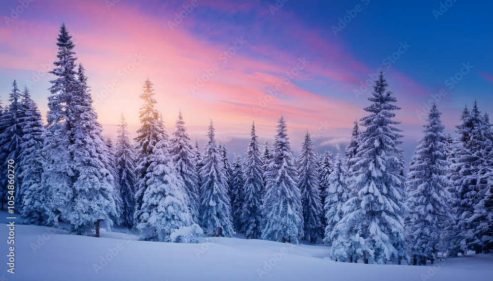 A tranquil winter landscape featuring snow-covered trees under a colorful sunset sky, creating a serene and picturesque scene. A tranquil winter landscape featuring snow-covered trees under a colorful sunset sky, creating a serene and picturesque scene.