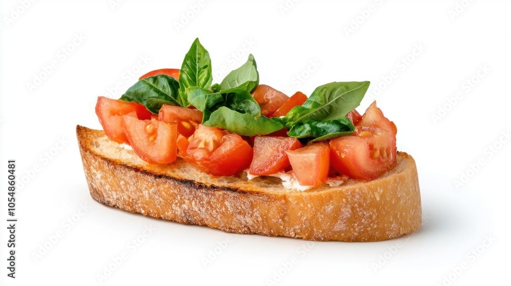 A photostock of bruschetta topped with tomatoes and basil on a white background, Italian-inspired. A photostock of bruschetta topped with tomatoes and basil on a white background, Italian-inspired.