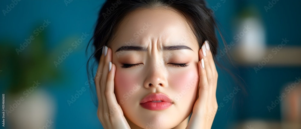 Close up portrait of a distressed and distraught Asian woman holding ...