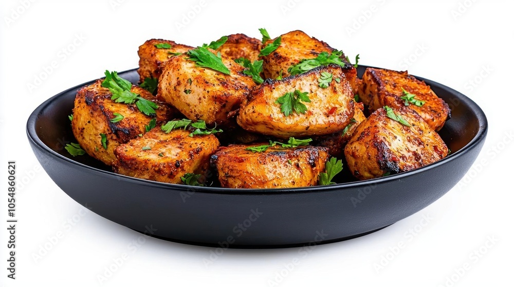 A photostock of chicken tikka on a plate on a white background, spicy and flavorful. A photostock of chicken tikka on a plate on a white background, spicy and flavorful.
