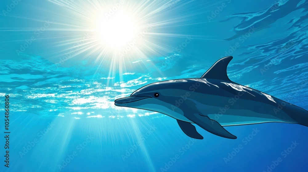 Fototapeta premium Dolphin Swimming Under Bright Blue Water