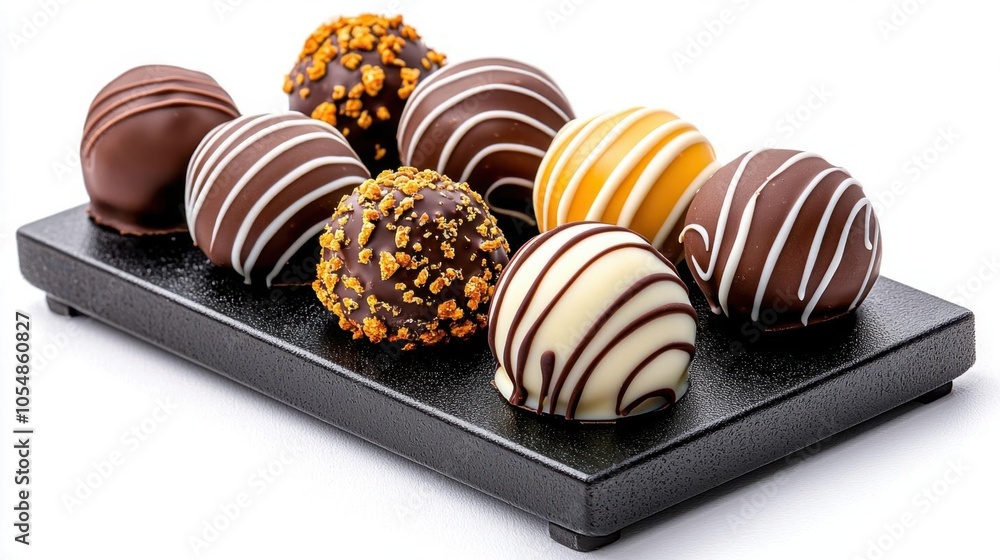 A photostock of chocolate truffles on a black plate on a white background, rich and indulgent. A photostock of chocolate truffles on a black plate on a white background, rich and indulgent.