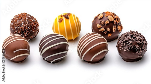 A photostock of chocolate truffles on a white background, rich and indulgent.