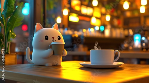 Cute Cat Toy Enjoying Coffee at Cozy Cafe