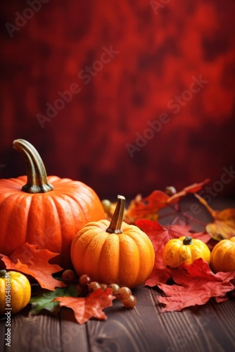 photograph of Autumn or Thanksgiving decoration background with pumkins and fall leaves. Copy space