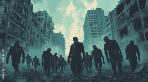 In the ruins of the city, the relentless zombie horde moves as one, devouring everything in their path, generative ai. Zombie Horde. Illustration