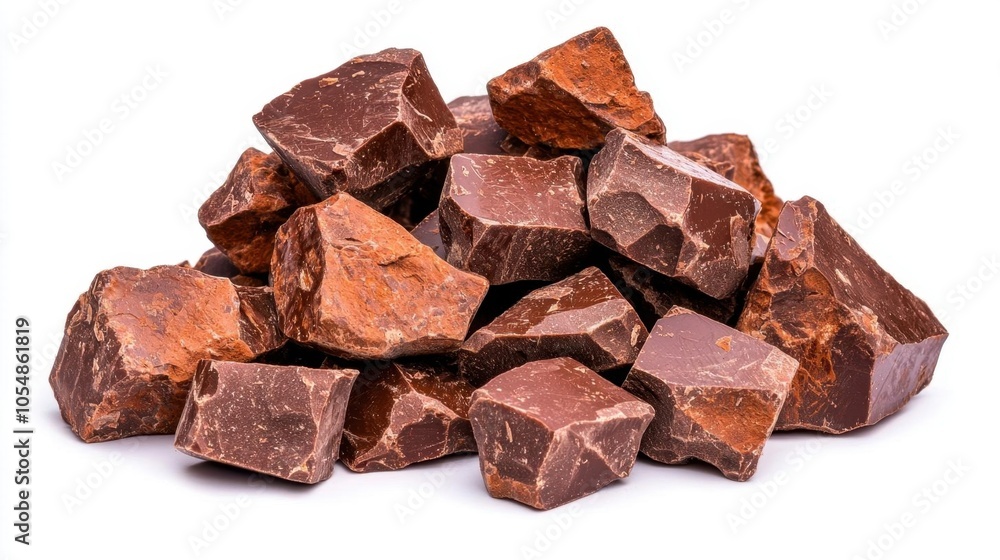 A photostock of dark chocolate chunks on a white background, rich and indulgent. A photostock of dark chocolate chunks on a white background, rich and indulgent.