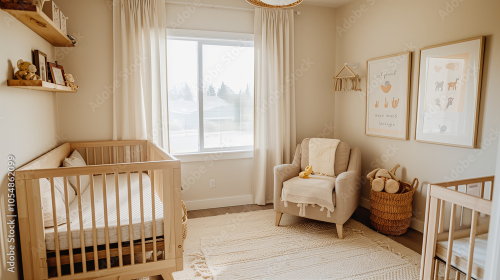 Sunlit Nursery with Natural Wooden Furniture and Cozy Decor Sunlit Nursery with Natural Wooden Furniture and Cozy Decor