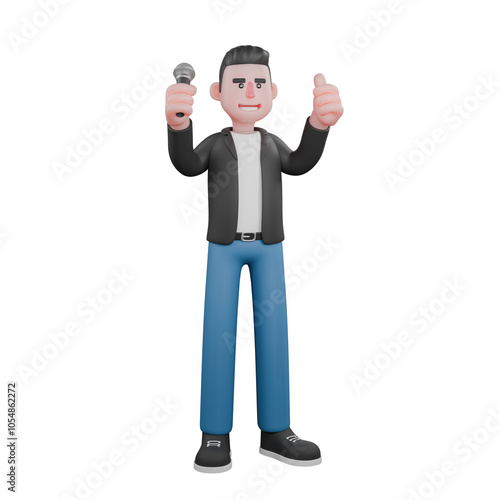 3D Musician Design. A musician gives a thumbs up after singing. Cartoon Character