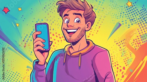 Phone unlocking with face vector, featuring a cartoon man smiling while using facial ID, bright colors photo