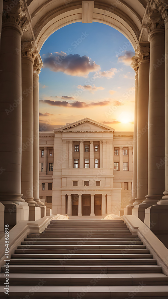 Fototapeta premium Grand courthouse steps leading up toward a bright horizon, symbolizing the journey towards justice and enlightenment.