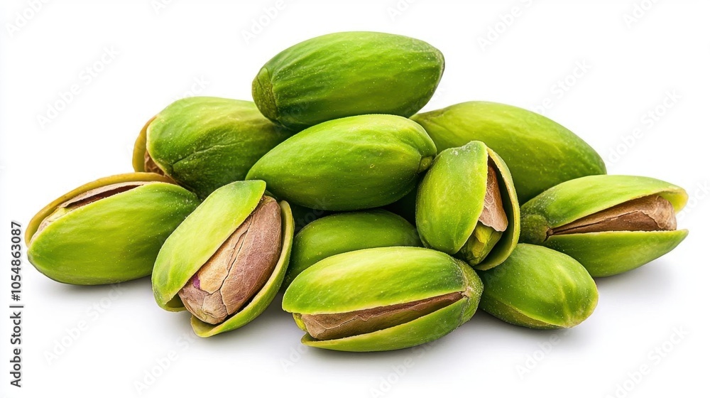 A photostock of fresh pistachios on a white background, raw and crunchy. A photostock of fresh pistachios on a white background, raw and crunchy.