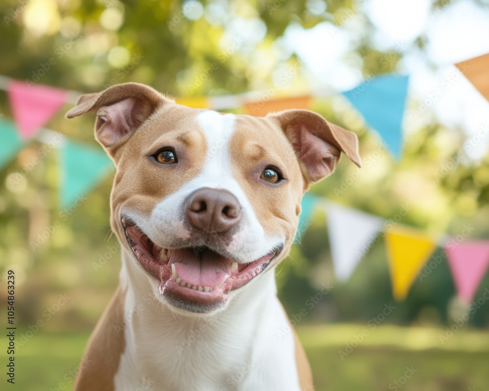 Smiling Pit Bull at Festive Outdoor Event with Colorful Banners Smiling Pit Bull at Festive Outdoor Event with Colorful Banners