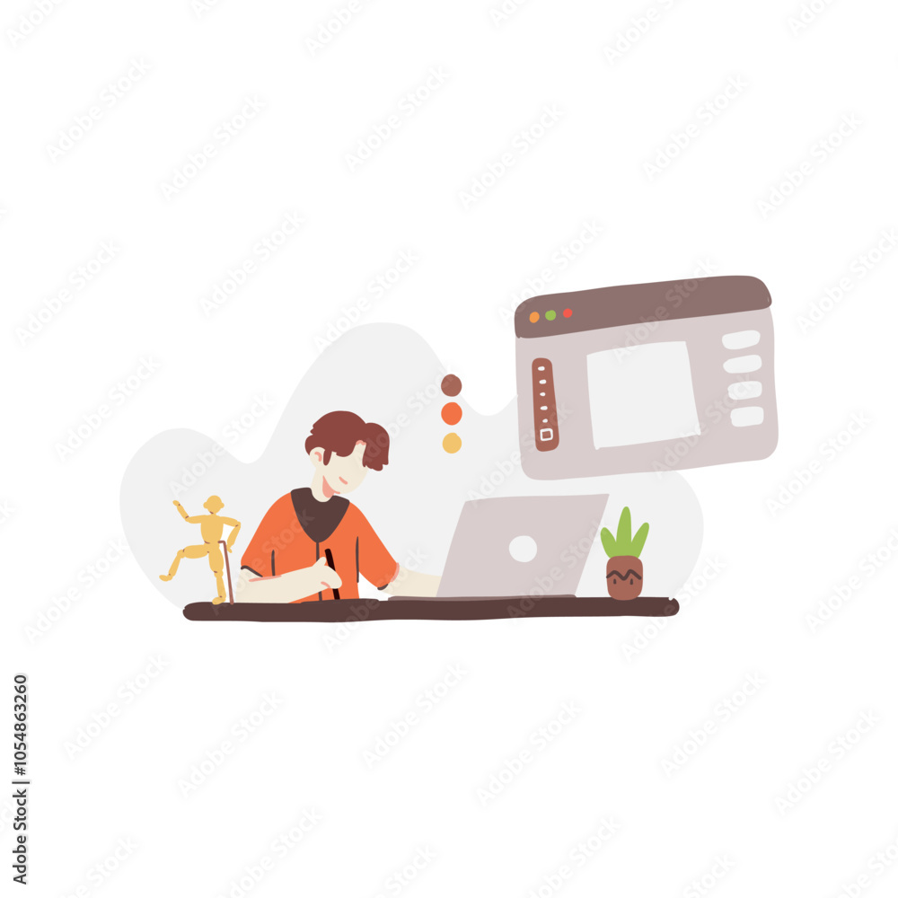 Graphic designer working on digital illustrations with a laptop, drawing tablet, and wooden artists model. Ideal for technology or creativity concepts. Graphic designer working on digital illustrations with a laptop, drawing tablet, and wooden artists model. Ideal for technology or creativity concepts.