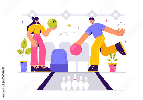 Vector illustration of a Bowling Game with People Throwing Balls, Featuring Pins, Ball, and Scoreboards in a Sport Club and Fun of a Bowling Match