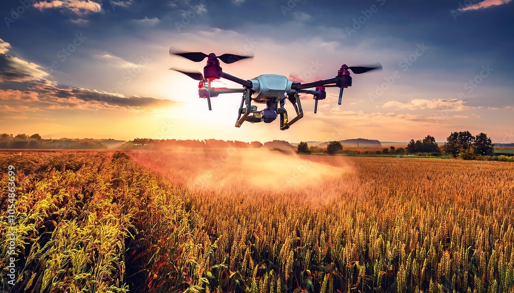 A drone sprays crops in a field during sunset, showcasing modern agriculture technology and its impact on farming efficiency. A drone sprays crops in a field during sunset, showcasing modern agriculture technology and its impact on farming efficiency.