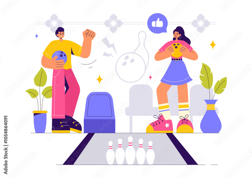 Vector illustration of a Bowling Game with People Throwing Balls, Featuring Pins, Ball, and Scoreboards in a Sport Club and Fun of a Bowling Match Vector illustration of a Bowling Game with People Throwing Balls, Featuring Pins, Ball, and Scoreboards in a Sport Club and Fun of a Bowling Match