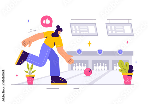Vector illustration of a Bowling Game with People Throwing Balls, Featuring Pins, Ball, and Scoreboards in a Sport Club and Fun of a Bowling Match