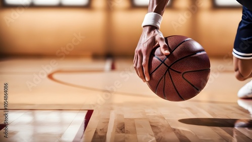A basketball player's hands try to dribble the ball as low as possible to avoid opponents.