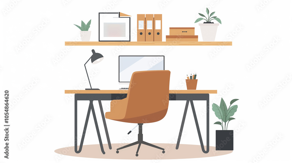 Minimalist home office desk setup with shelves, decor, and indoor plants Minimalist home office desk setup with shelves, decor, and indoor plants