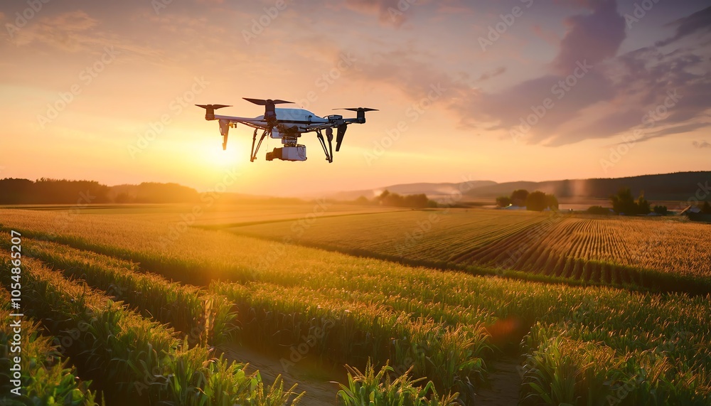 A drone hovers over lush fields at sunset, capturing stunning aerial views of the agricultural landscape. A drone hovers over lush fields at sunset, capturing stunning aerial views of the agricultural landscape.