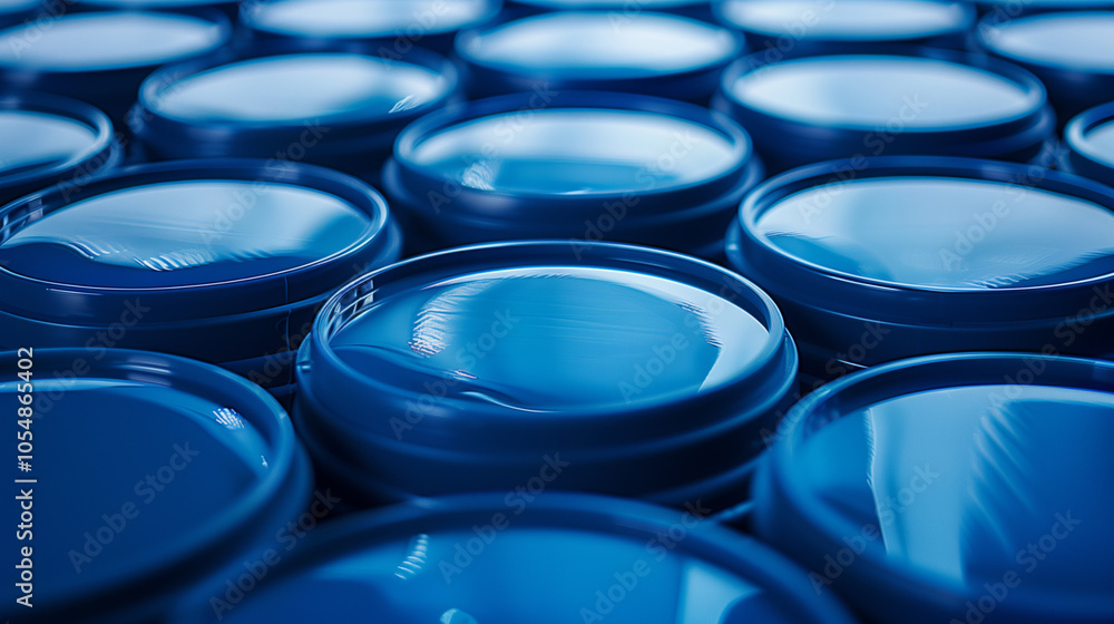 Rows of blue industrial barrels with glossy lids in close-up perspective Rows of blue industrial barrels with glossy lids in close-up perspective