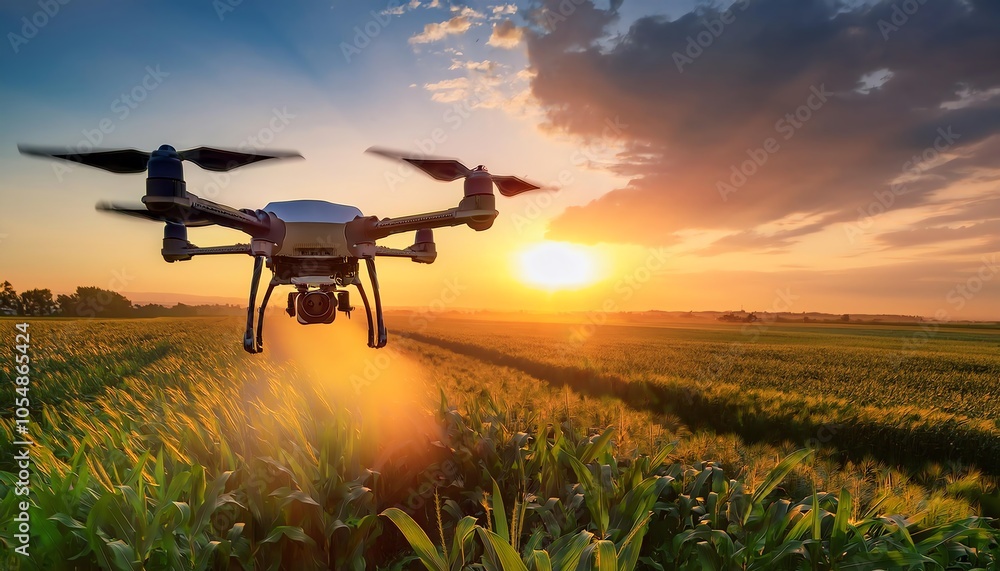 A drone flies over a lush green field at sunset, capturing the beauty of agriculture and technology in harmony. A drone flies over a lush green field at sunset, capturing the beauty of agriculture and technology in harmony.