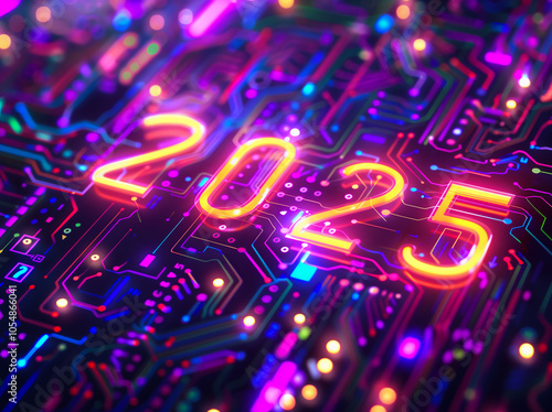 New Year 2025 with glowing neon lights on digital AI board symbolizing technological advances in artificial intelligence of the future.