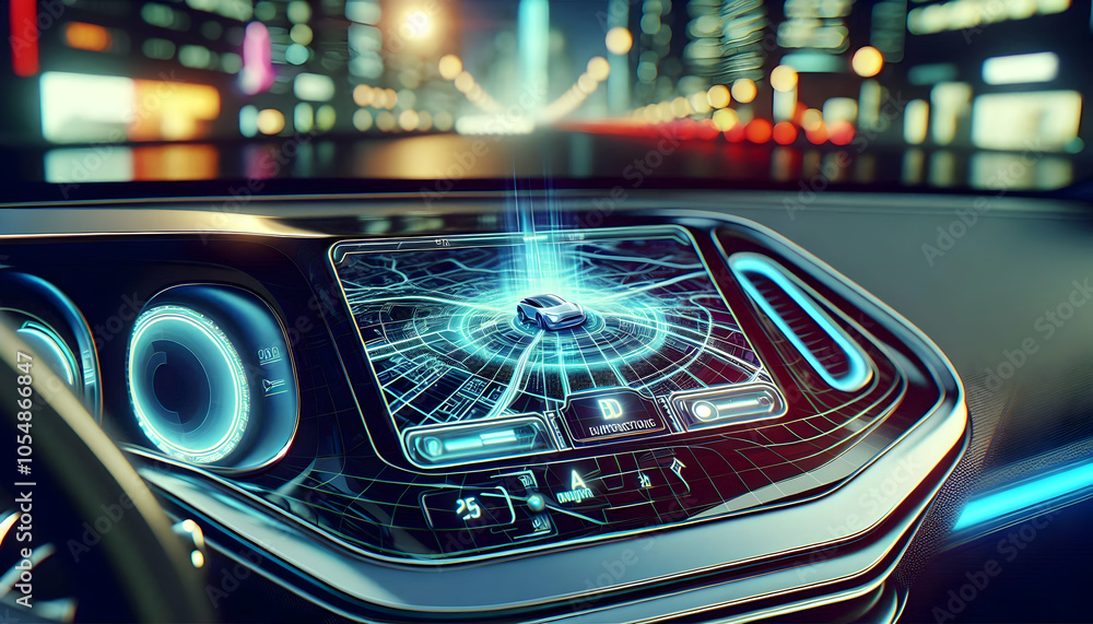 Futuristic Car Dashboard Macro Close Up Holographic Navigation Display 3D Maps High Tech Adventure Photo Stock Concept Innovative Interface Sleek Design Exciting Road Trip Experience Futuristic Car Dashboard Macro Close Up Holographic Navigation Display 3D Maps High Tech Adventure Photo Stock Concept Innovative Interface Sleek Design Exciting Road Trip Experience