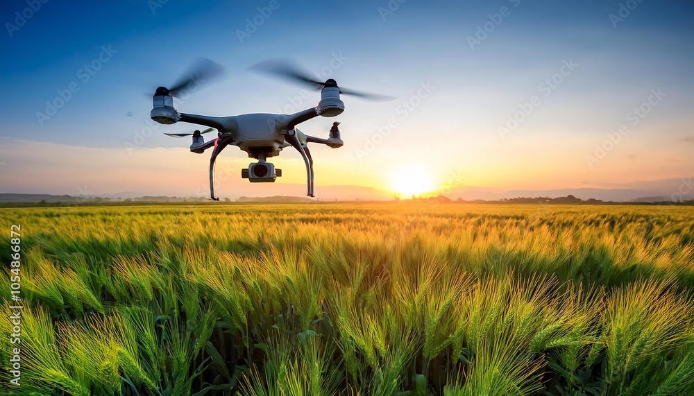 A drone flies over a lush, green field at sunset, capturing the vibrant landscape and showcasing the intersection of technology and agriculture. A drone flies over a lush, green field at sunset, capturing the vibrant landscape and showcasing the intersection of technology and agriculture.