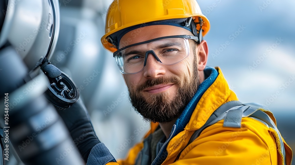 Offshore Wind Technician in Bright Yellow Jacket and Helmet Adjusting Turbine Components While Tethered to the Structure for Maintenance and Safety Offshore Wind Technician in Bright Yellow Jacket and Helmet Adjusting Turbine Components While Tethered to the Structure for Maintenance and Safety