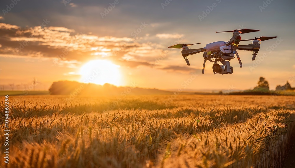 Fototapeta premium A drone flies over a golden field at sunset, capturing the beauty of agriculture and technology blending harmoniously in nature.