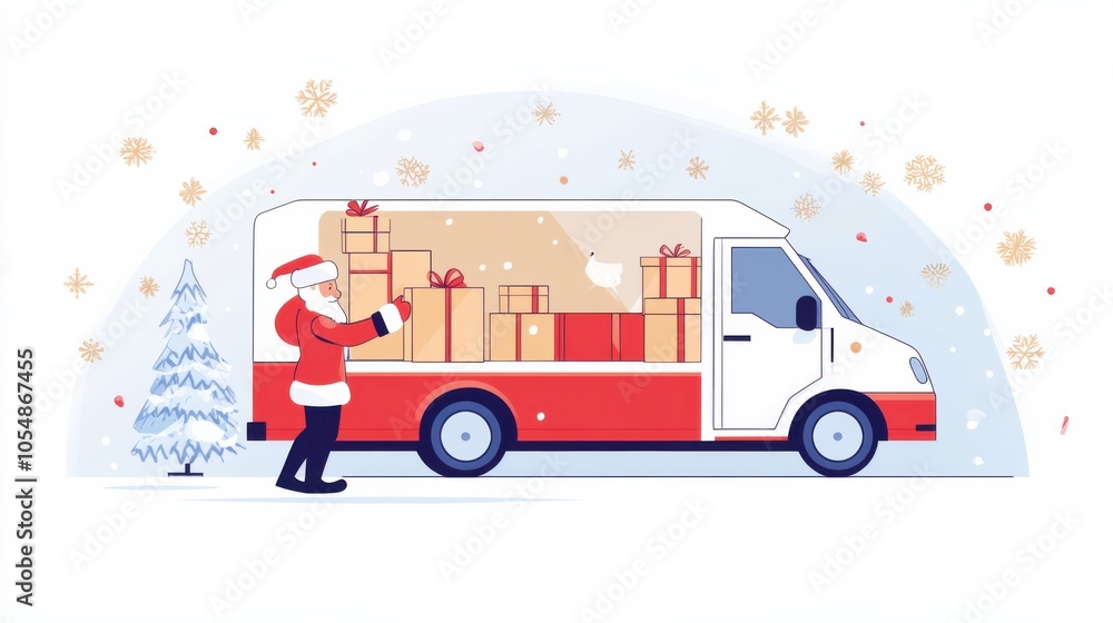 Fototapeta premium Santa in a delivery scene, loading gift boxes into a van, flat vector design