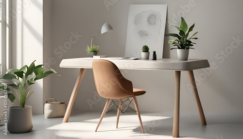 Wallpaper Mural The image shows a modern home office setup with a wooden desk, a brown chair, a painting, a plant, a lamp, and various decorative items..jpg Torontodigital.ca